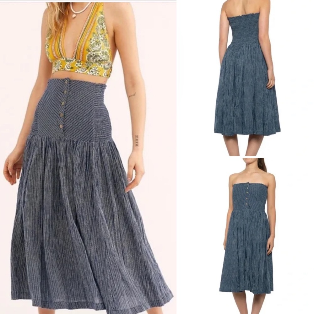 Free People Blue and Yellow Strapless Dress